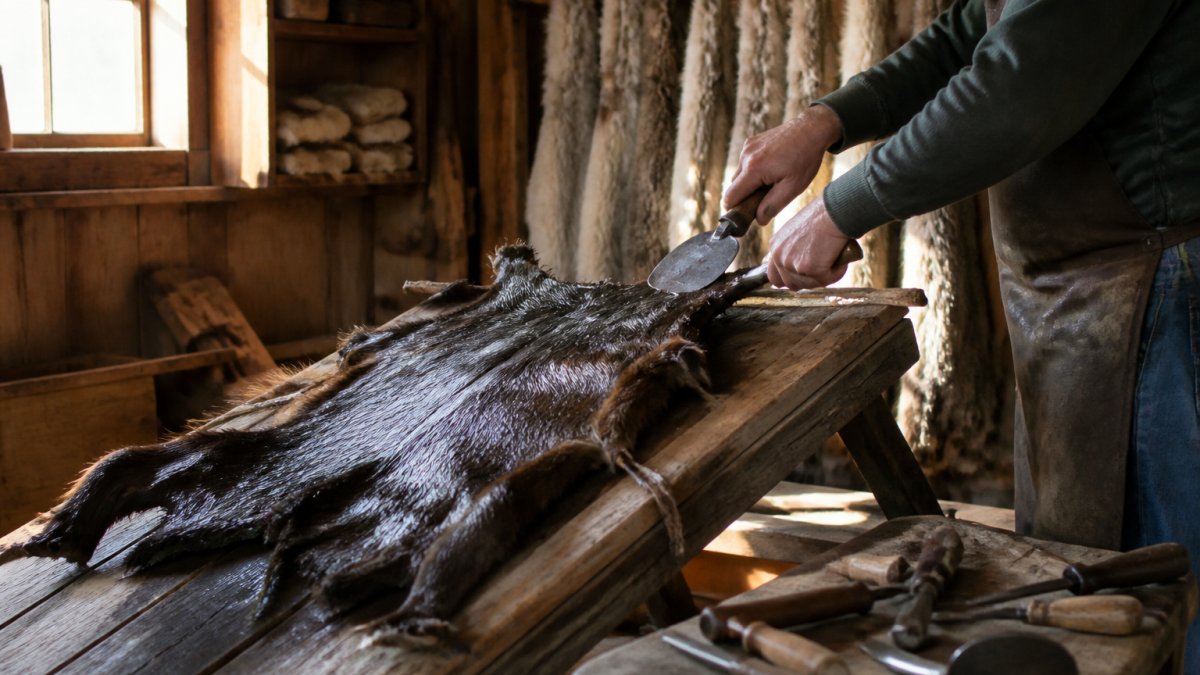 Trapper using a tool on a stretched beaver pelt to maximize its market beaver pelt price