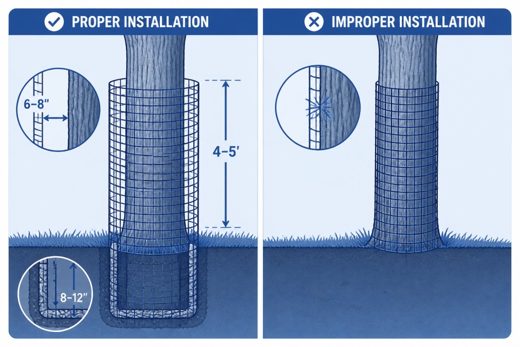 Cross-section diagram showing proper wire mesh cage installation with 6-8 inch spacing from trunk, 4-5 foot height, and buried anchor base, compared to an improper installation with mesh touching bark