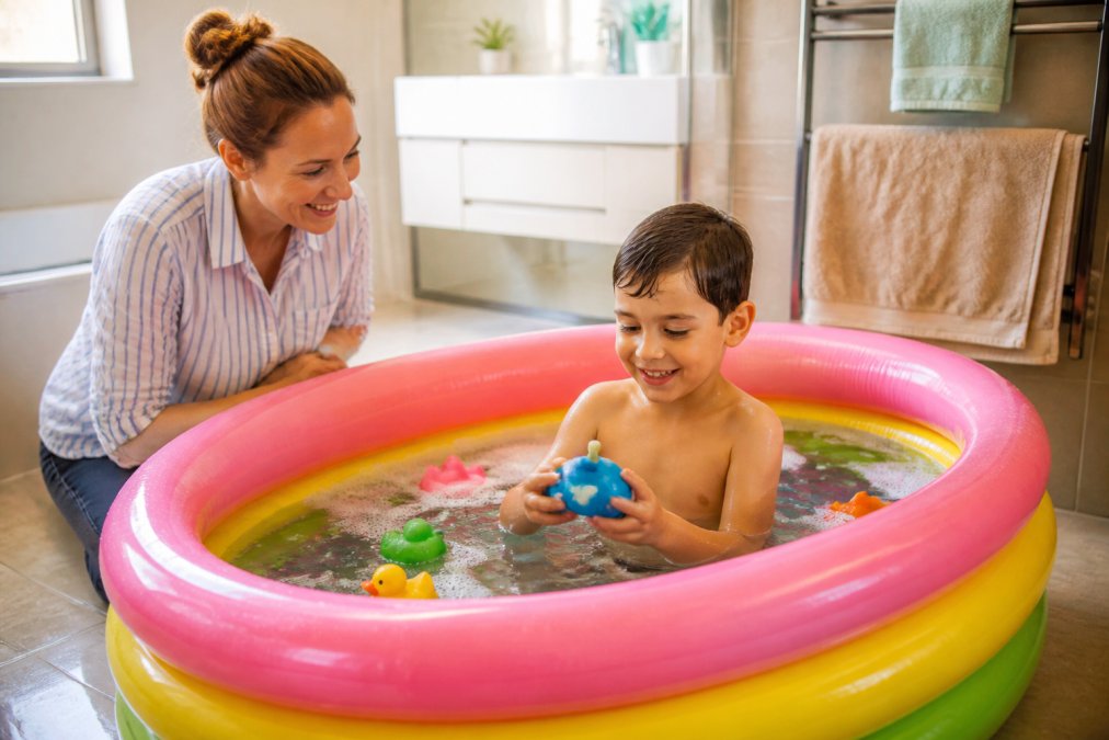 Un parent souriant surveille un enfant d'environ 6 ans qui joue dans une baignoire gonflable colorée installée dans une salle de bain moderne et lumineuse, avec des jouets flottants autour de lui