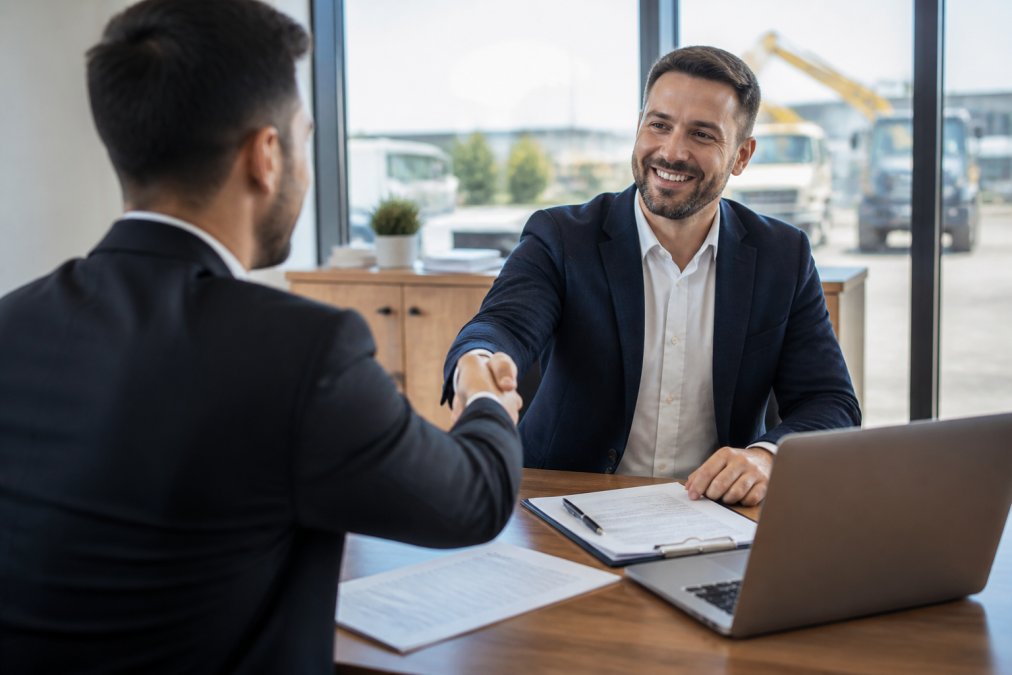 A finance broker partner shaking hands with a client over paperwork