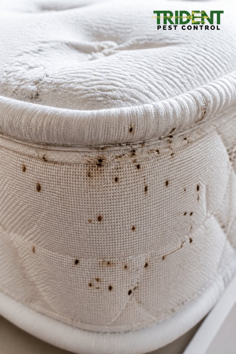 Close-up of mattress seams showing bed bug droppings as dark spots and stains on white fabric, with natural daylight highlighting the textile weave