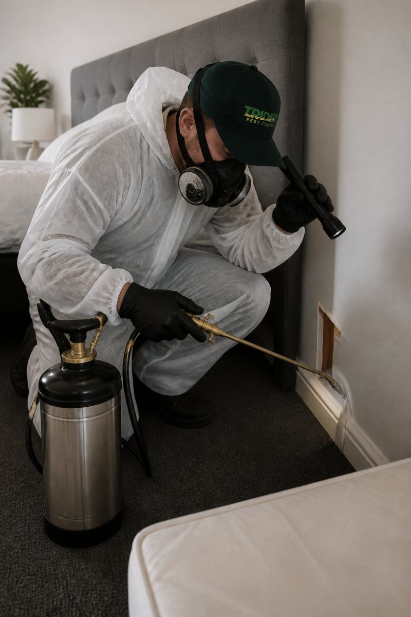 Licensed pest control technician in full protective gear conducting systematic inspection and treatment in a residential bedroom, using professional spray equipment and checking wall voids with precision lighting