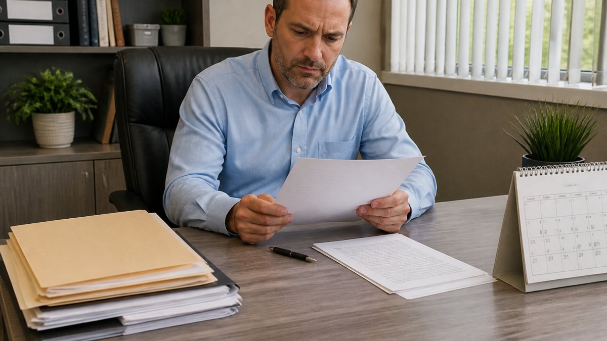 Landlord or property manager reviewing a written bed bug disclosure notice at a desk with a folder of tenant documents, pen, and calendar visible, natural office lighting
