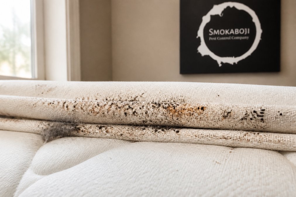 Close-up photograph of a mattress seam and fabric edge, showing tiny dark brown speckles and a faint rust-colored stain next to ordinary gray lint and dust, lit by natural window light