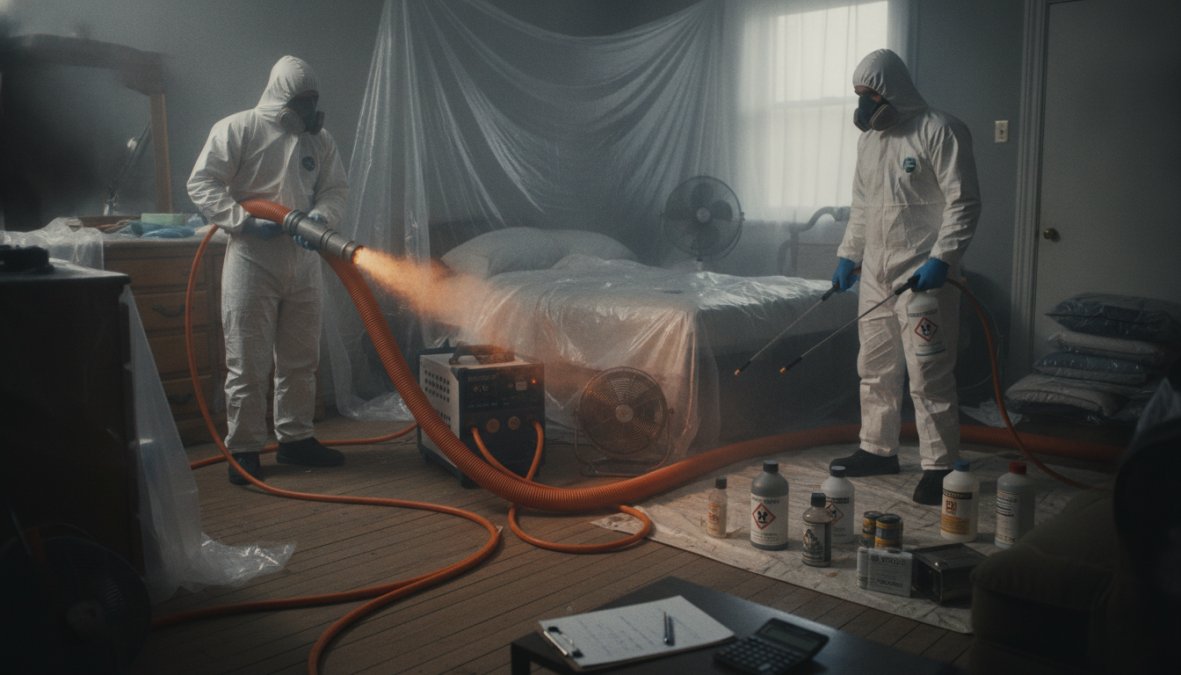 A [pest control](/is-professional-pest-control-worth-the-money/) professional in full uniform operating large industrial heat treatment equipment inside a bedroom, with flexible heating hoses running along the floor and protective barriers covering furniture, shot under bright interior lighting