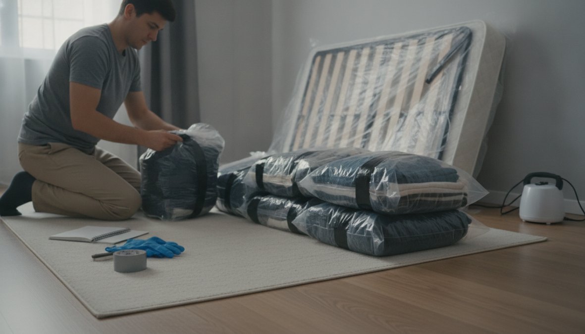 A homeowner kneeling on a bedroom floor carefully placing folded clothing and white bedding into large clear sealed plastic bags, with more bags already tied shut nearby, in a well-lit bedroom during daytime preparation for pest treatment