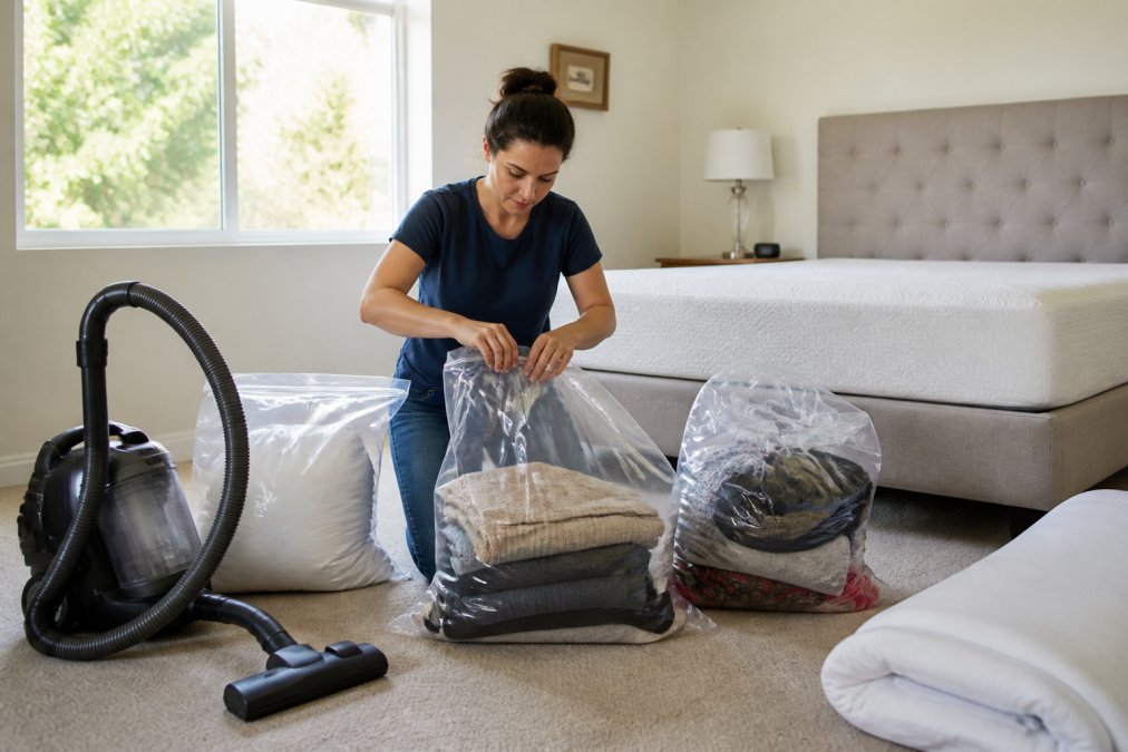 A homeowner in a bright bedroom carefully placing clothing and bedding into large clear plastic bags, with a vacuum and mattress encasement nearby, preparing for a professional bed bug treatment