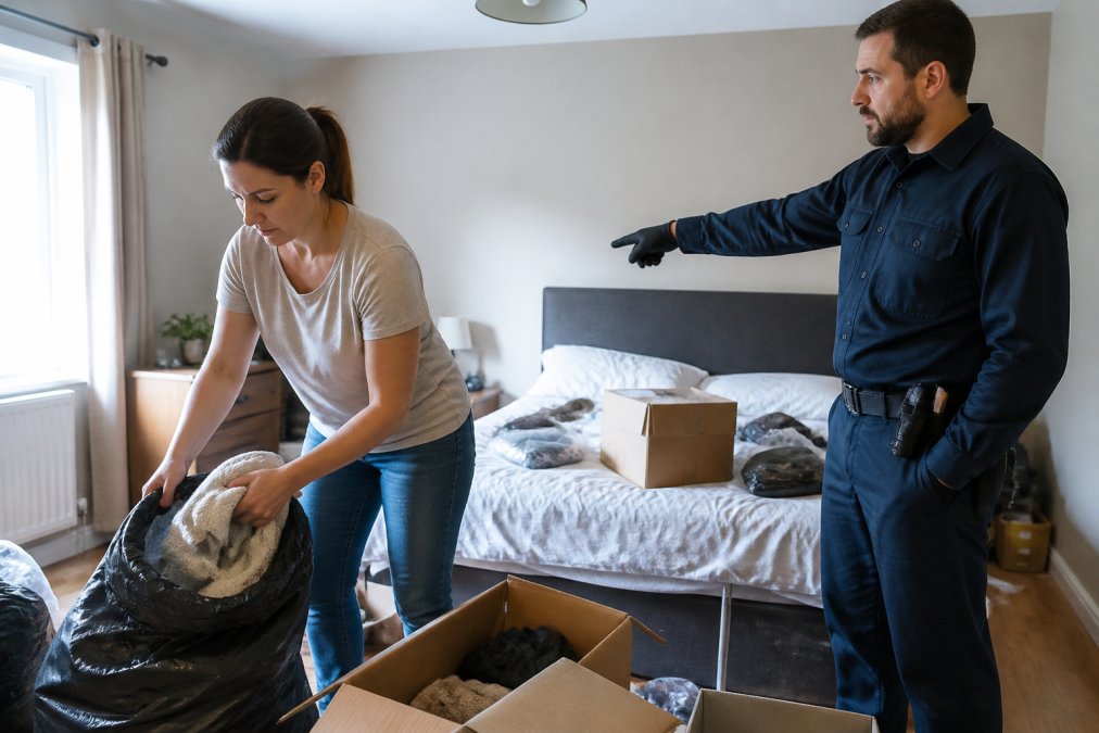 A homeowner in casual clothes removing clutter from a bedroom, placing items into bags, with a professional pest control technician in uniform observing and pointing at areas to clear