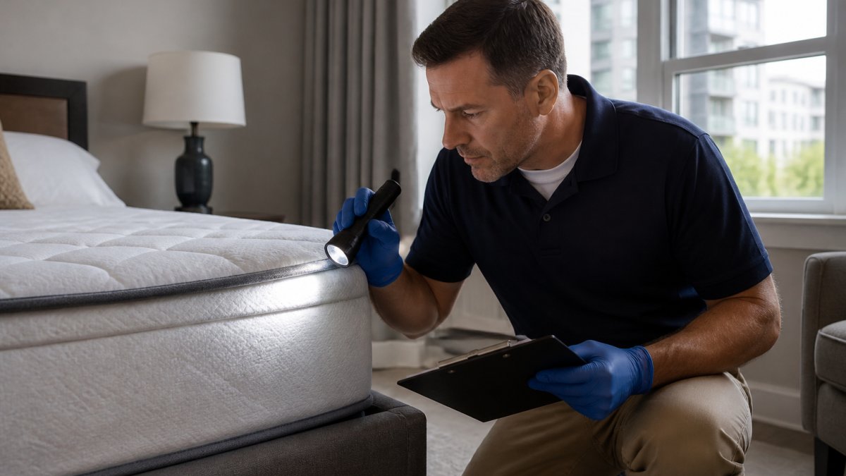 Property manager conducting professional inspection of residential unit, examining mattress seams with flashlight and clipboard, modern apartment bedroom with natural window lighting