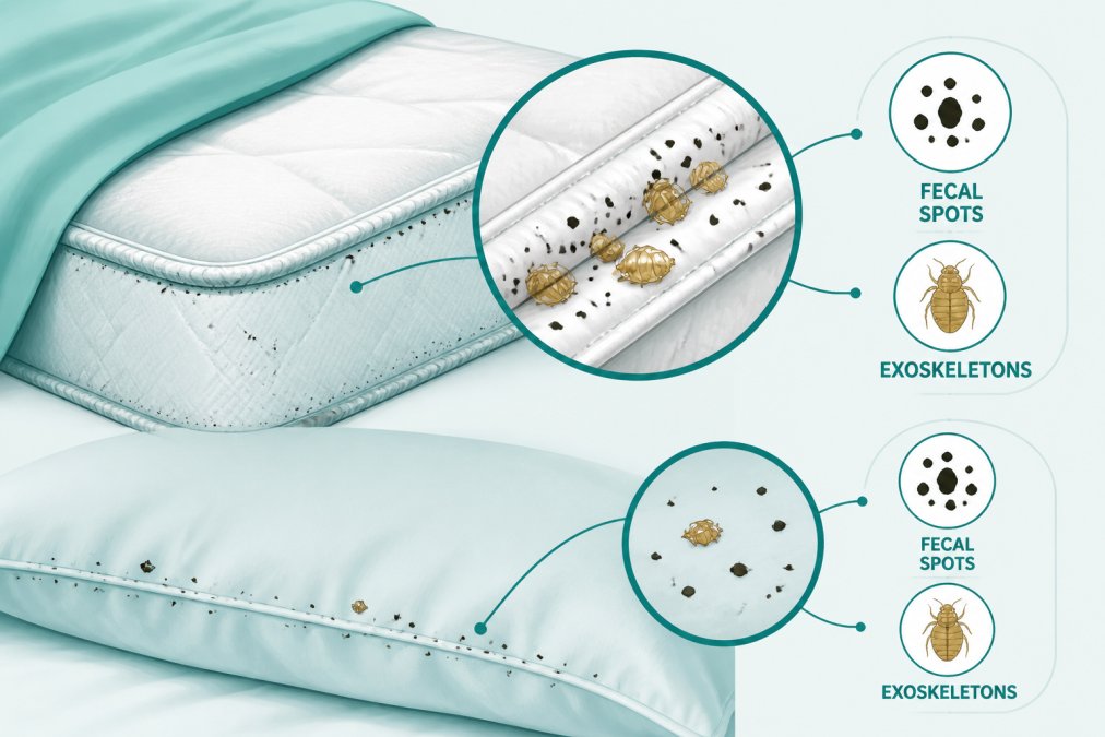Close-up of mattress seams and bedding showing dark fecal spots and translucent exoskeletons left by bed bugs under natural lighting