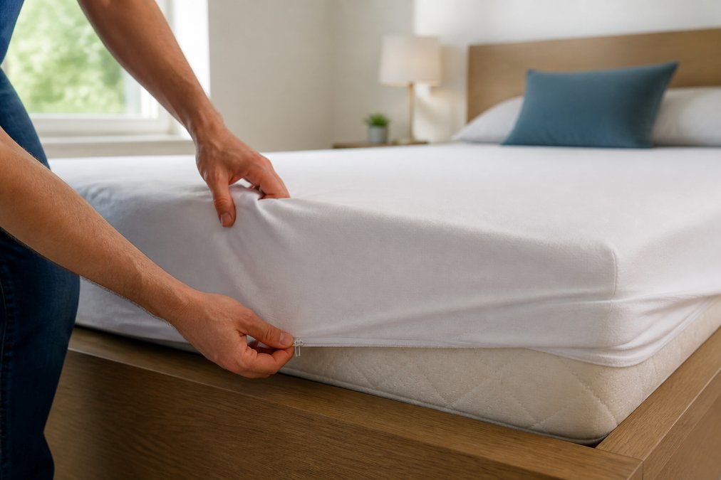 Close-up of a white zippered mattress encasement being pulled over a mattress in a bright, clean rental bedroom with natural light coming through a nearby window
