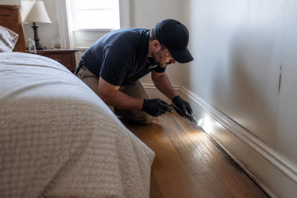 Professional pest control technician using flashlight to inspect the narrow gap between aged baseboard and wall in an older bedroom, revealing dust, crevices, and potential harborage areas in natural daylight