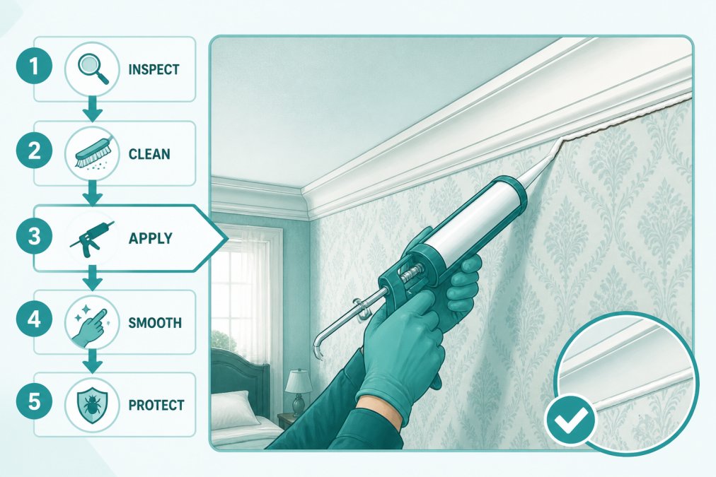 Hands of a technician carefully applying white caulk with a caulking gun along a crack where crown molding meets the wall in an older bedroom with vintage wallpaper, showing detail of the sealing process