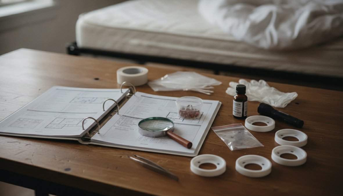 Close-up of interceptor cups placed under all four legs of a bed frame in a clean, well-lit bedroom, with a pest control technician in a blue uniform inspecting the mattress seam using a flashlight and magnifying tool
