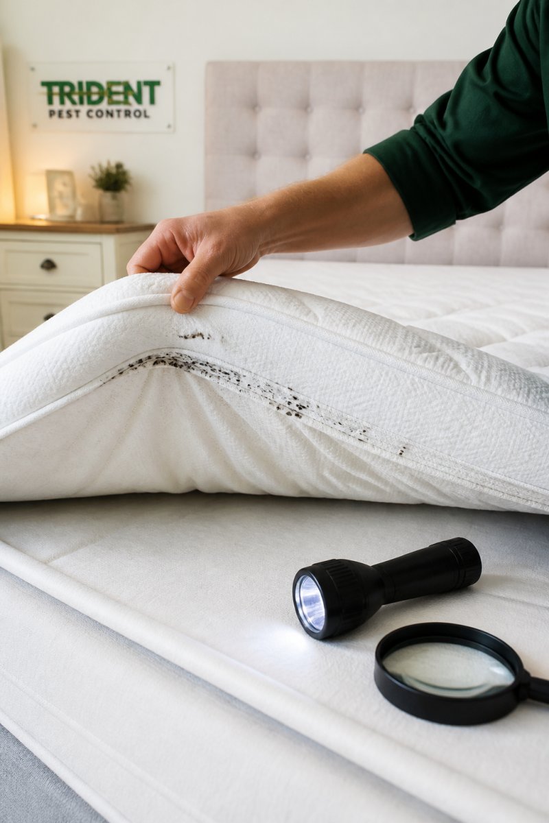 Close-up photograph of a person lifting a white mattress corner to reveal dark specks along the seam, with a torch and magnifying glass on the bed beside them in a bright bedroom