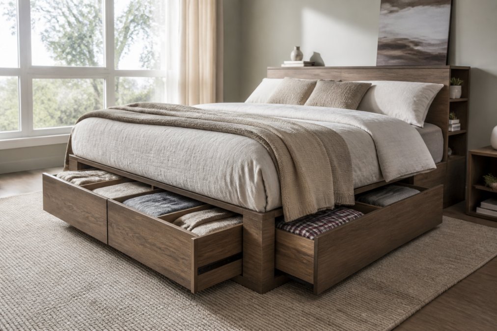 Modern studio bedroom with a platform bed frame featuring built-in drawers pulled open, displaying organized storage compartments with neatly folded bedding and clothing in natural daylight