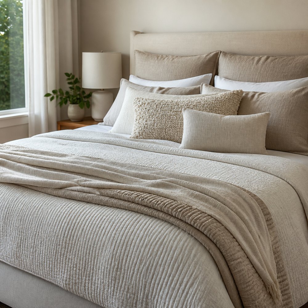 A beautifully styled bed in a serene bedroom, showing layered bedding with a textured cotton quilt cover, folded throw, and plump pillows arranged against a headboard in soft natural morning light