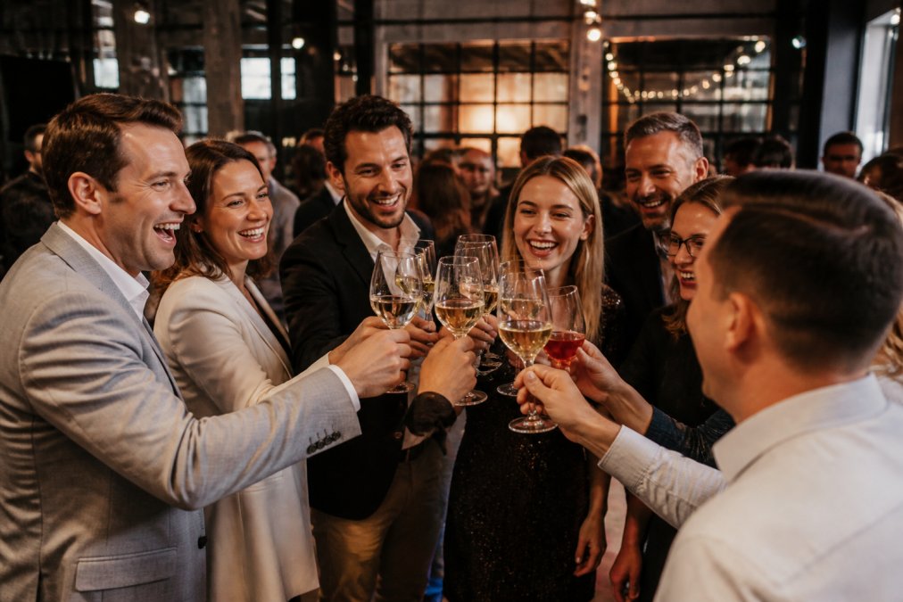 Diverse groep collega's die samen toasten met glazen tijdens een bedrijfsfeest in een modern zaaltje, met vrolijke gezichten en feestelijke sfeer