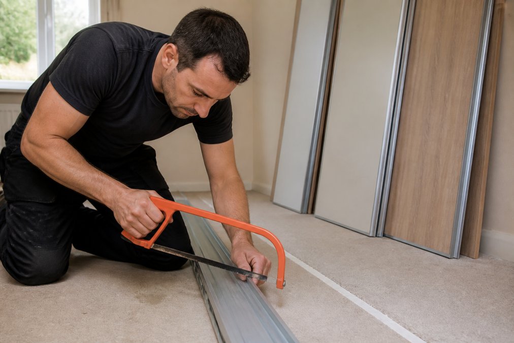 Close-up photograph of a joiner's hands trimming an aluminium bottom track to length with a hacksaw on a bedroom floor, door panels leaning against the wall behind