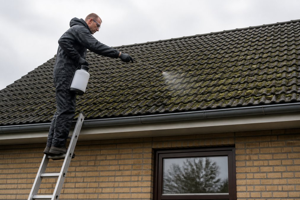 Person i sikkerhedsudstyr stående på en stige ved siden af et tag, påfører algebehandlingsmiddel med en håndsprøjte på mosbelagte tagsten på et typisk dansk parcelhus, overskyet dagslys