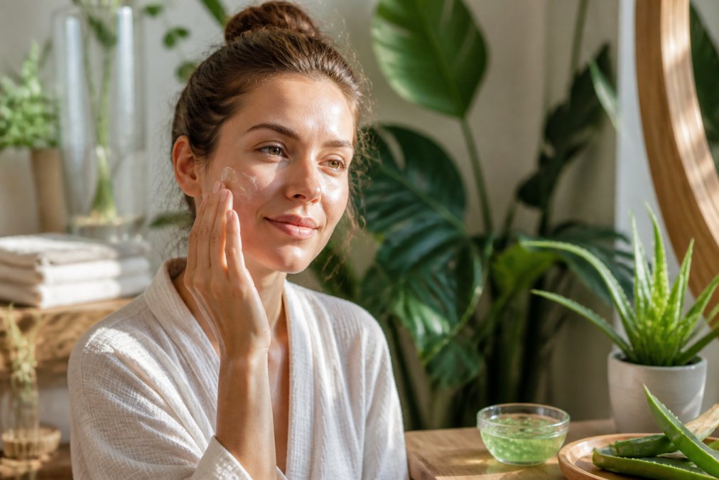 Kvinde påfører aloe vera gel på ansigtet med glatte, beroligende bevægelser i naturligt lys, spa-lignende miljø med grønne planter