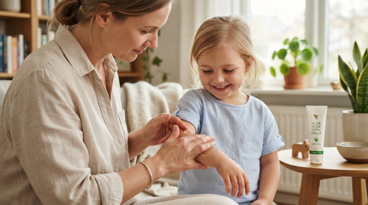 Forælder påfører Forever Aloe Vera Gelly på børns arm med let hånd, gelen skinner klart i naturligt dagslys, barnet sidder roligt og smiler