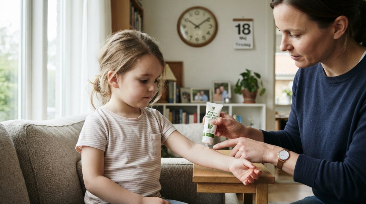 Forælder påfører lille mængde Aloe Vera-produkt på børns indre underarm til patch test, naturligt dagslys fra vindue, barnet sidder roligt, ur eller kalender synlig i baggrunden for at vise tidsforløb