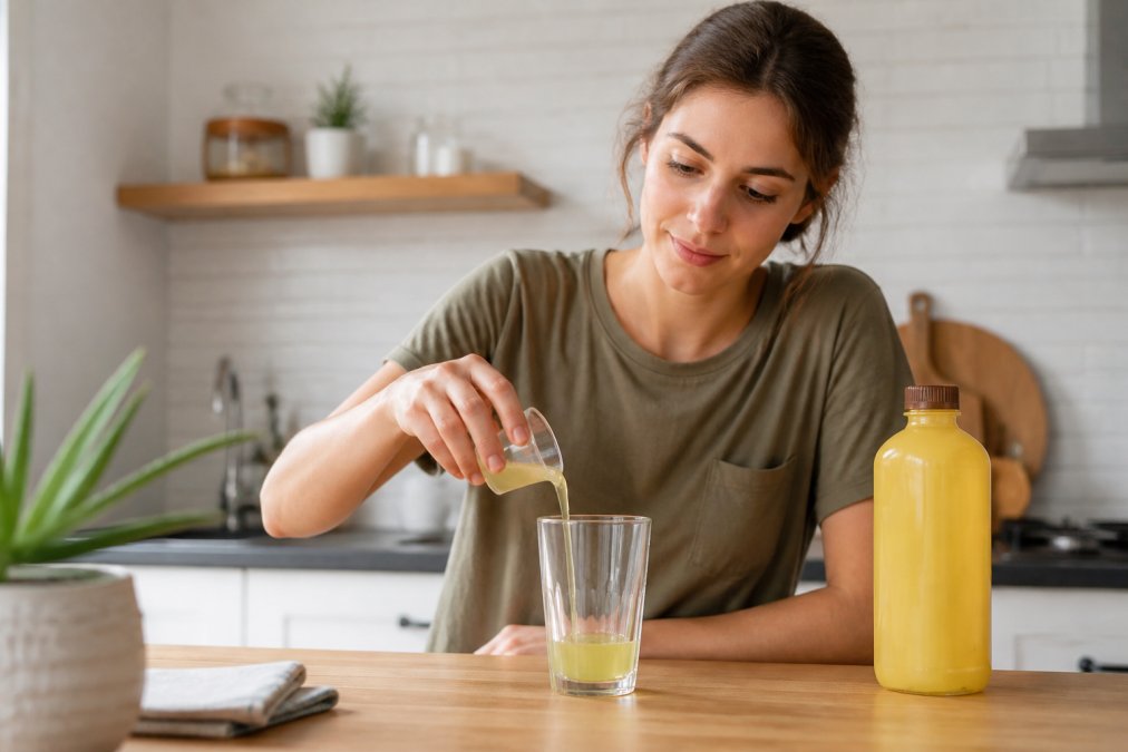 Person der måler en korrekt dosis aloe vera kosttilskud op i et glas i et lyst køkken