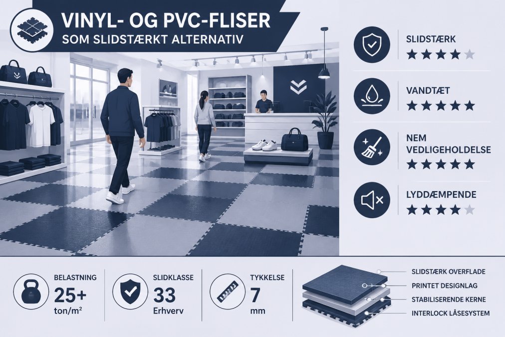 Retail store floor with interlocking vinyl tiles in professional setting, showing durability and easy maintenance with people walking on the polished surface in bright commercial lighting