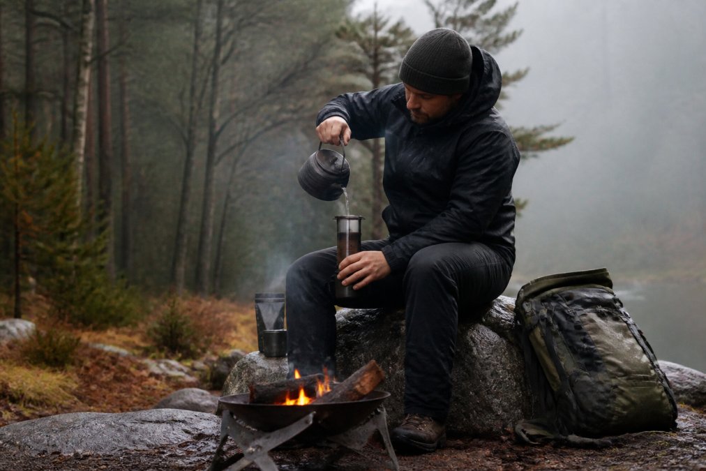 Person brygger gourmetkaffe med kaffekværn på tur ved et bål i skoven