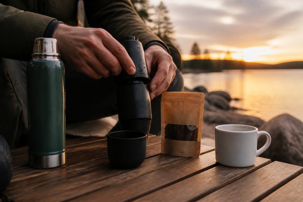 Nærbillede af hænder, der forbereder en bærbar espressomaskine udendørs med en termos med varmt vand, en lille pose med malet espresso-kaffe og en hvid keramik-kop på et træ-campingbord ved daggry