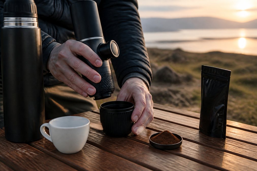 Hænder forbereder kaffe med en bærbare espressomaskine udendørs på et træbord ved daggry med varmt vand og en kop.