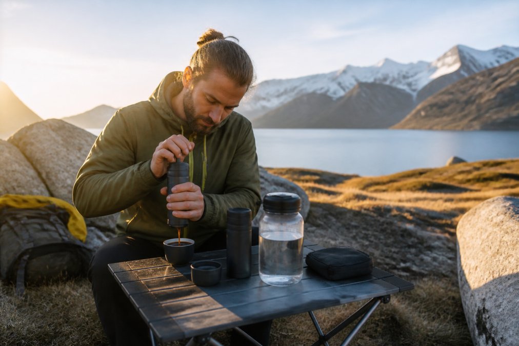 Rejsende person der brygger espresso med en manuel bærbar espressomaskine i naturlandskab, med kaffekop, vandflaske og udstyr synligt på campingbord, varmt morgenlys