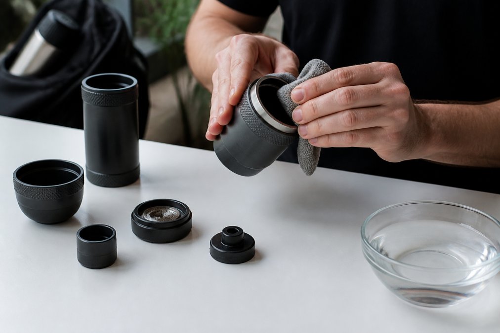 Nærbillede af hænder, der rengør bærbar espressomaskine med vand og mikrofiber klud, dele spredt på hvidt bord, naturligt dagslys