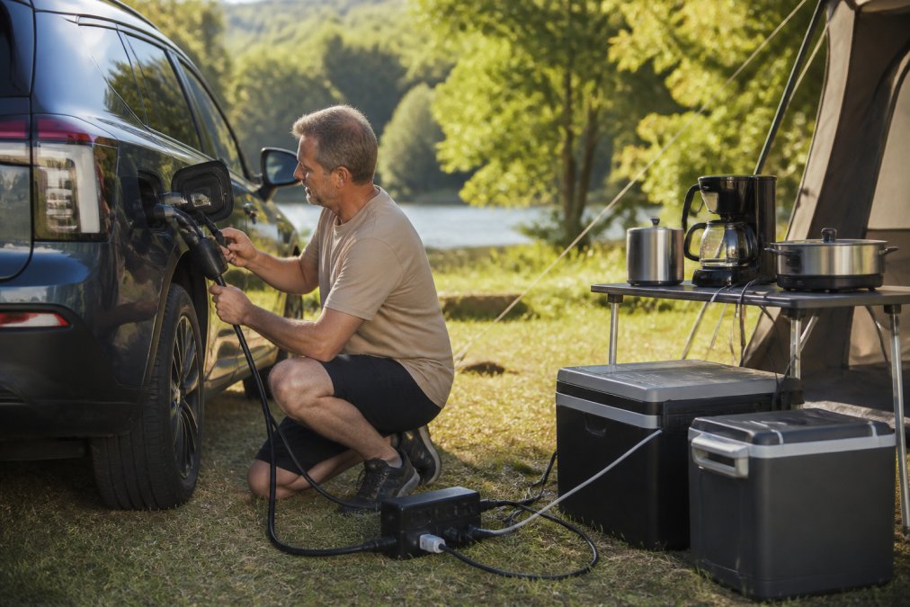 Person tilslutter en ekstern V2L-adapter til elbilens Type 2-ladeport ved en campingplads, hvor elektriske apparater er tilsluttet adapteren, solskin og grønt landskab i baggrunden