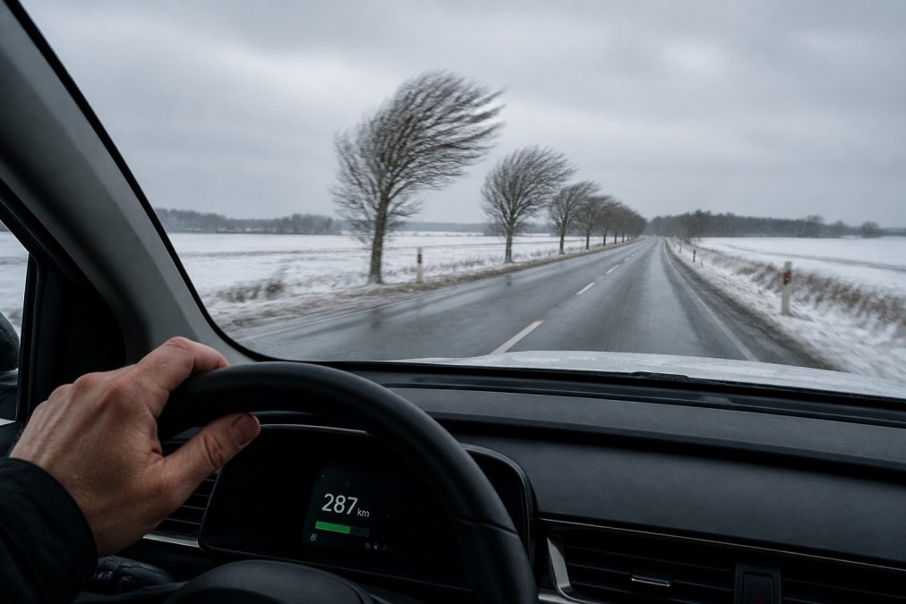 Elbil kører på dansk landevej i gråt vejr med blæst, dashboard viser resterende rækkevidde, vinterlandskab i baggrunden