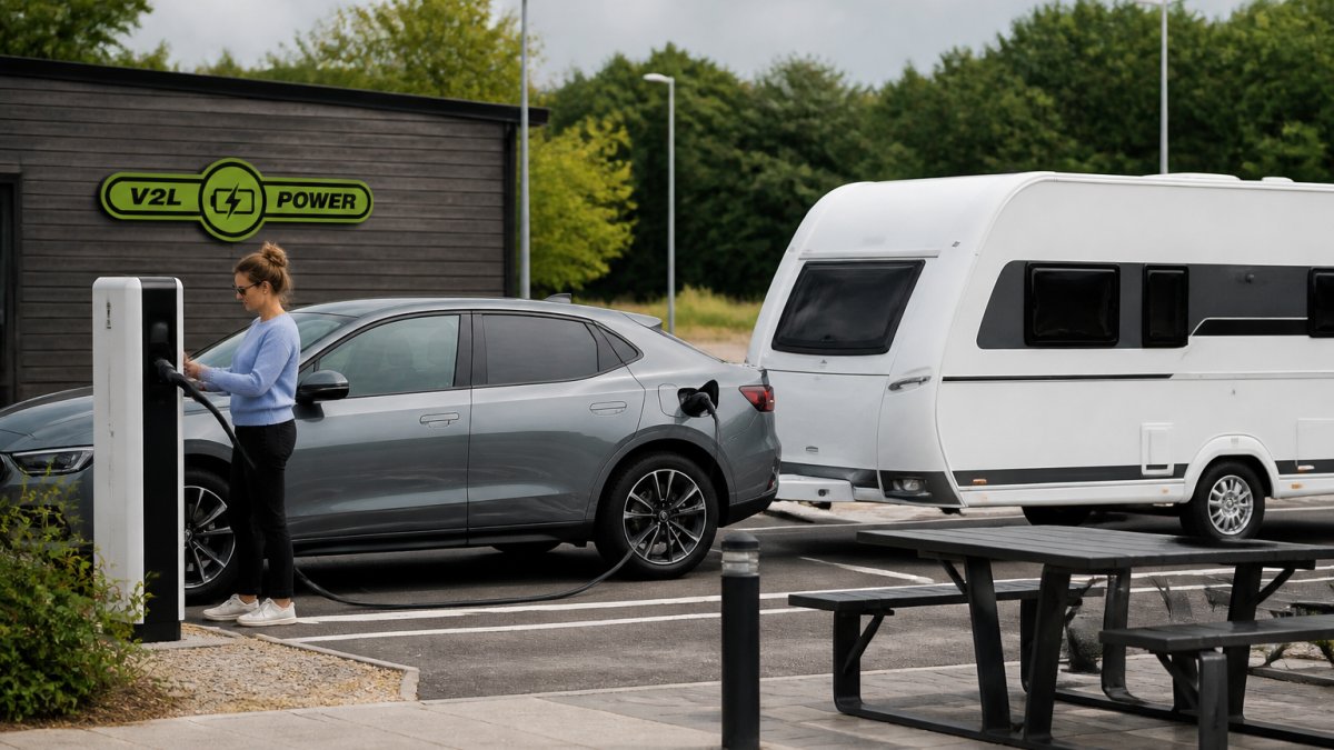 En elbil med campingvogn på anhængertrækket holder ved en lynlader på en dansk rasteplads, med campingvognen synligt forbundet og føreren ved ladestanderen