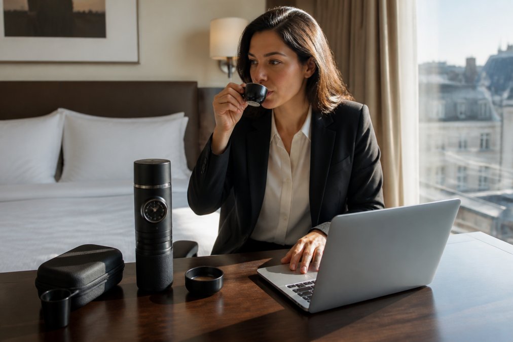 Travl forretningskvinde bruger en bærbar espressomaskine ved et møde på et hotelværelse, med en friskbrygget kop espresso i hånden og en laptop på bordet, naturligt lys fra vinduet