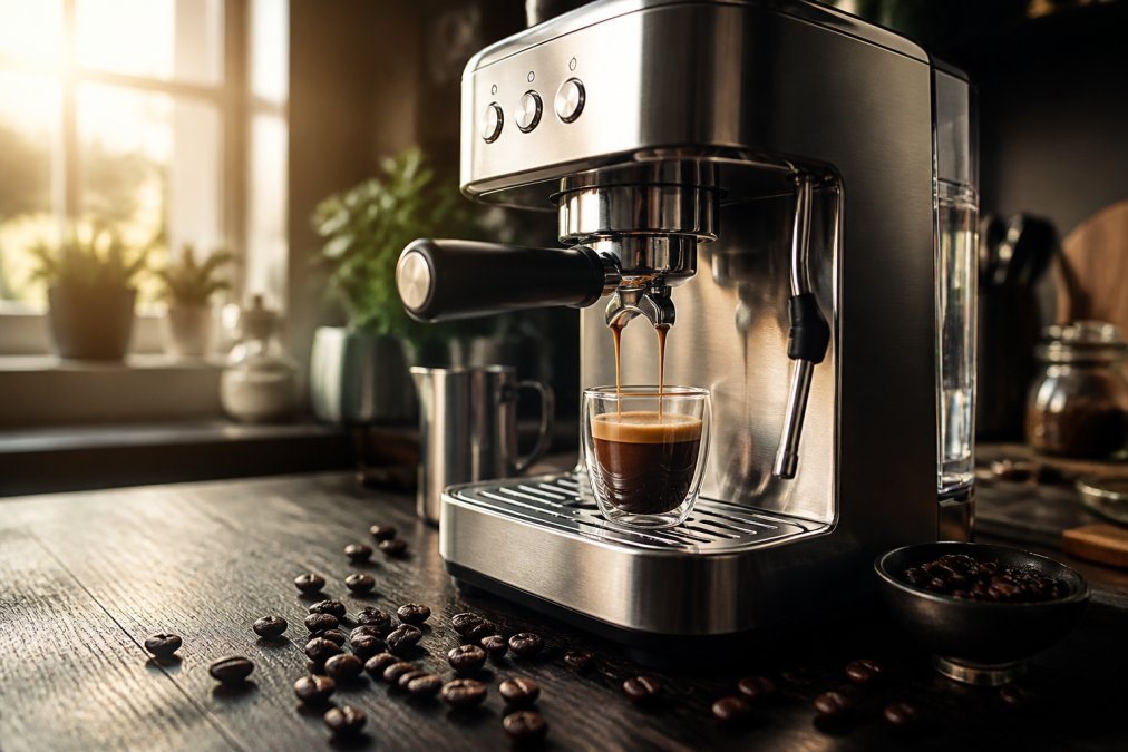 Close-up of a stainless steel espresso machine on a dark wooden kitchen counter, brewing espresso into a small glass cup with fresh coffee beans scattered nearby and warm morning light streaming from a window