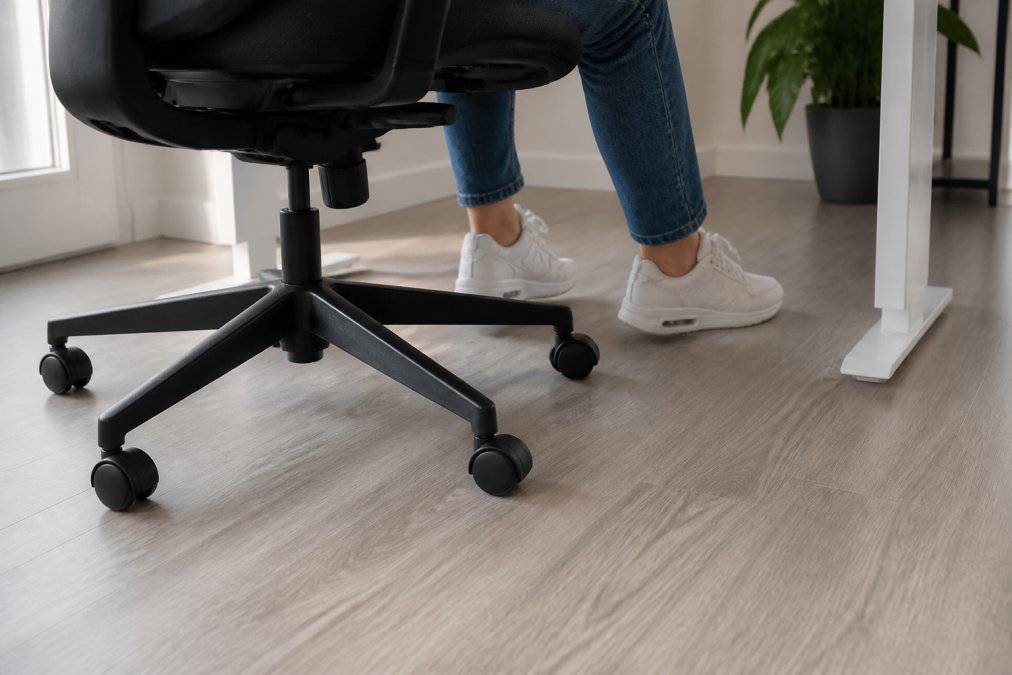 Kontorstol med sorte gummihjul på glat vinyl- eller laminatgulv, set fra siden med fokus på hjulenes kontakt med gulvoverfladen og det omgivende arbejdsområde