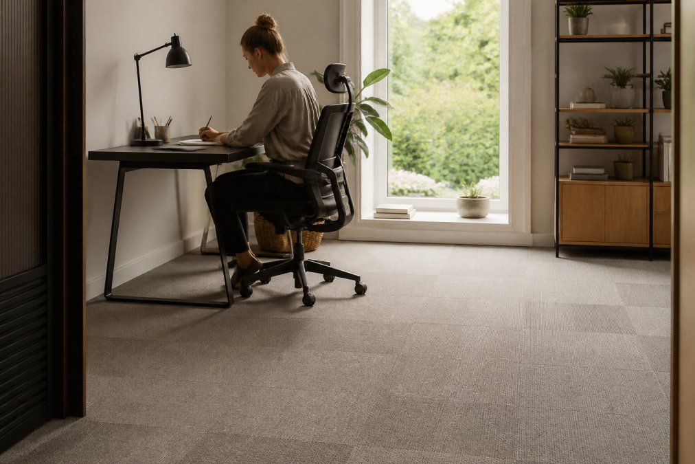 Stilfult hjemmekontor med tæppefliser i neutrale farver, person sidder ved skrivebord med fokus på det rolige, akustisk dæmpet arbejdsmiljø med naturligt lys fra vindue