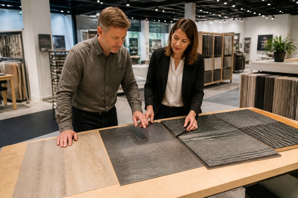 A retail store manager and a flooring specialist examining samples of vinyl, PVC tiles, and carpet tiles on a table in a bright store environment