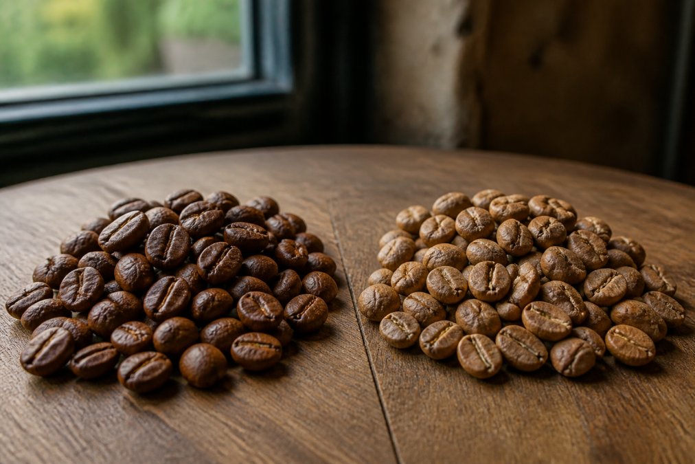 Close-up af arabica og robusta kaffebønner ved siden af hinanden på en træoverflade, der viser tydelig størrelses- og farveforskel, med naturligt lys fra vinduet