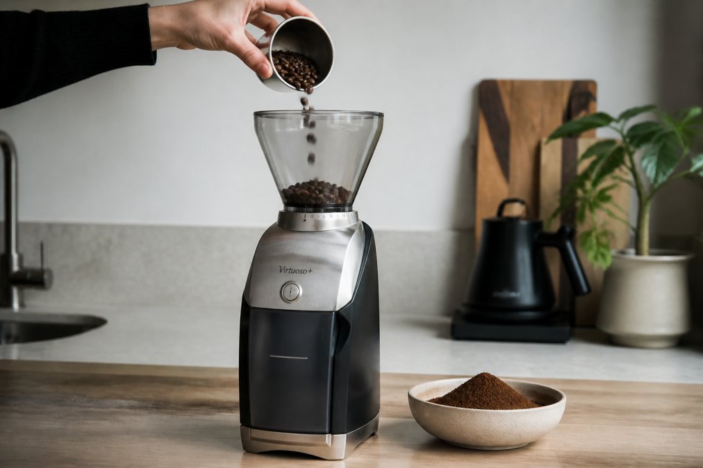En hånd der hælder hele kaffebønner i bønnebeholderen på en elektrisk kaffekværn på et køkkenbord, med en skål med friskmalet kaffe ved siden af
