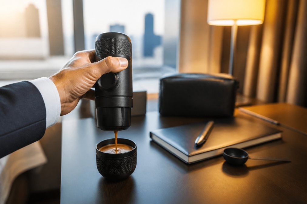 Close-up of a business traveler's hand holding a compact portable espresso maker over a hotel room desk, with a laptop and notebook blurred in the background, soft morning light through a window