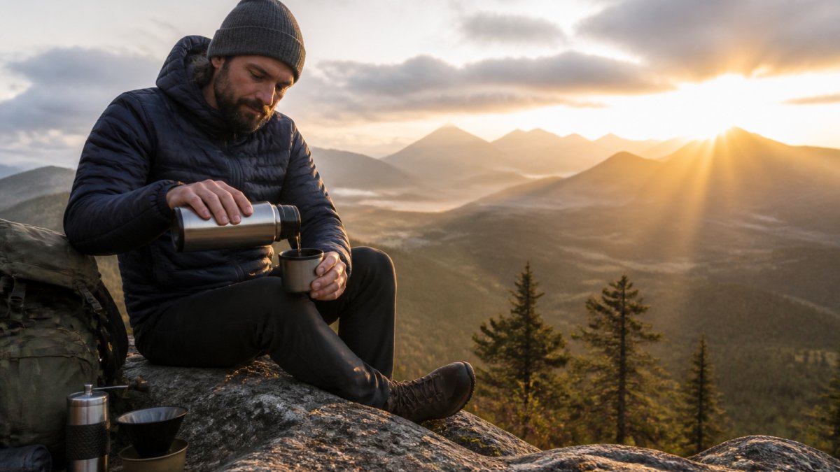 Vandrer nyder varm kaffe fra en termokande med bjergudsigt som en af de bedste kaffeløsninger til vandreture og friluftsliv