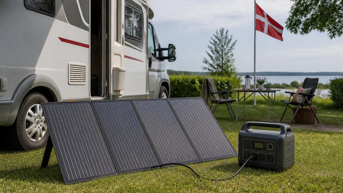 Et foldbart solcellepanel opstillet på græsset ved en autocamper på en dansk campingplads, med en power station placeret ved siden af og et kabel ført mellem panel og station, blødt dagslys