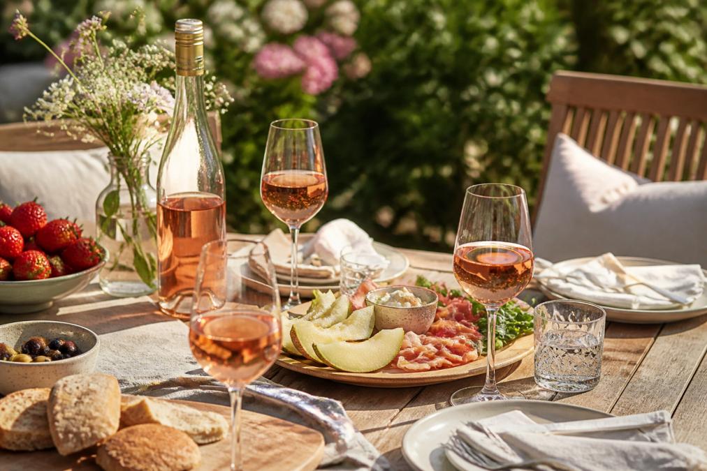 Et bord dækket til sommerfest udendørs med glas fyldt med kølig rosévin, frisk frugt og lette snacks i sollys