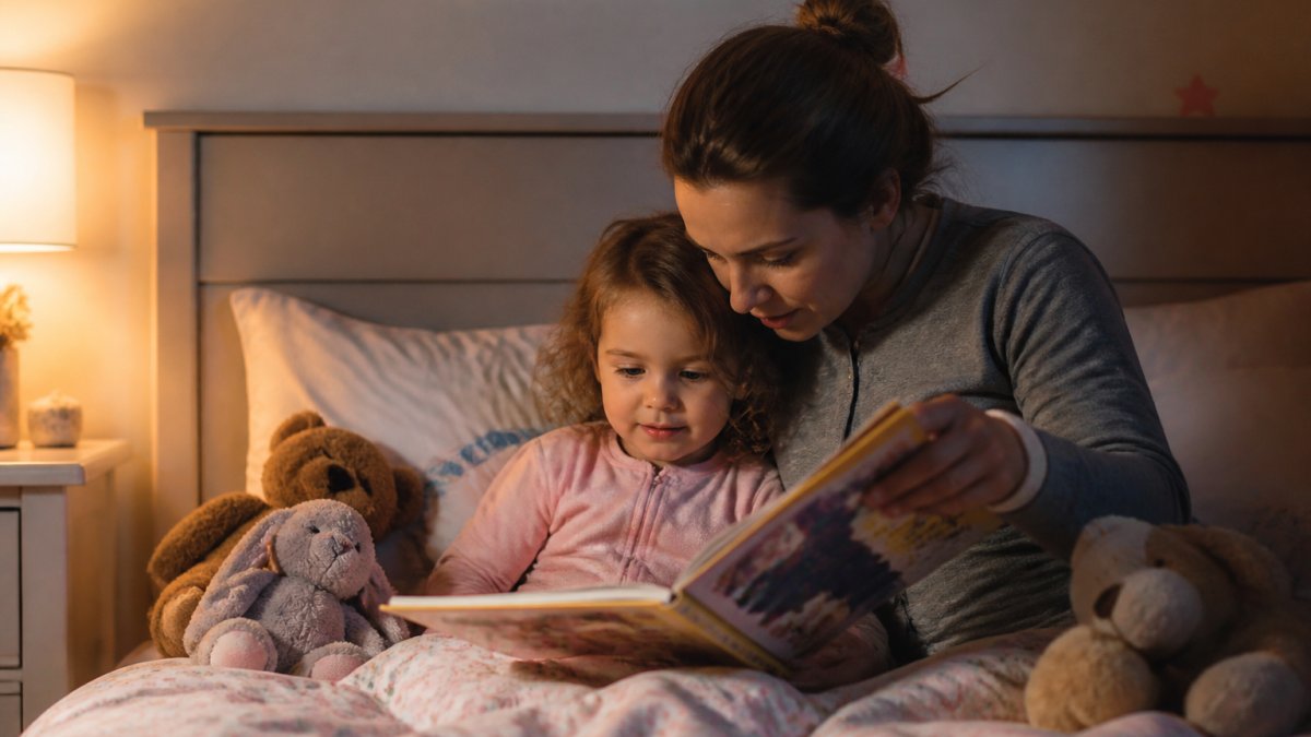 Parent and young child sitting together on a bed reading a picture book in a dimly lit bedroom with soft warm lighting, cozy blankets, and stuffed animals nearby