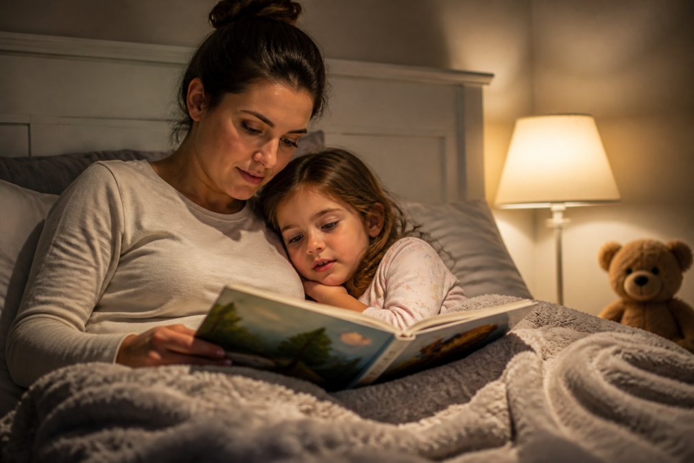 A parent reading a picture book to a young child nestled under a blanket in a cozy, softly lit bedroom at night